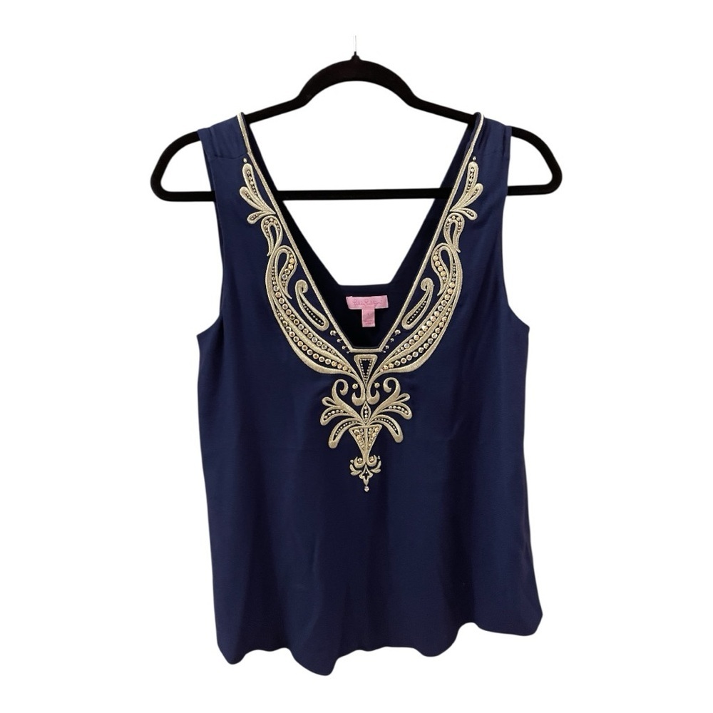 Lilly Pulitzer Navy Embroidered Women's Top, Owen, Size S, Gold w/Sequins.